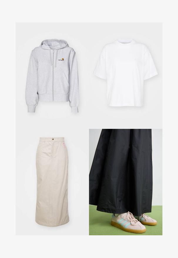 Ανοιχτό γκρι hoodie με φερμουάρ, κατασκευασμένο από μαλακό ύφασμα, με χαλαρή γραμμή, μπροστινές τσέπες και ένα μικρό κεντημένο λογότυπο στο αριστερό στήθος.; Λευκή βαμβακερή μπλούζα με στρογγυλή λαιμόκοψη, κοντά μανίκια και άνετη εφαρμογή. Διαθέτει μια διακριτική λογότυπο στην αριστερή περιοχή του στήθους. Λείος υφή.; Μπεζ φούστα με ραντάκι και ψηλή μέση, κρυφό φερμουάρ και κούμπωμα με μεταλλικό κουμπί. Περιλαμβάνει μια μικρή ετικέτα με το λογότυπο μπροστά.; Ροζ σουέτ παπούτσια με μπλε ρίγες, συνδυασμένα με μια μακριά, μαύρη φούστα από ζαρωμένο ύφασμα. Το φόντο περιλαμβάνει ένα πράσινο δάπεδο.
