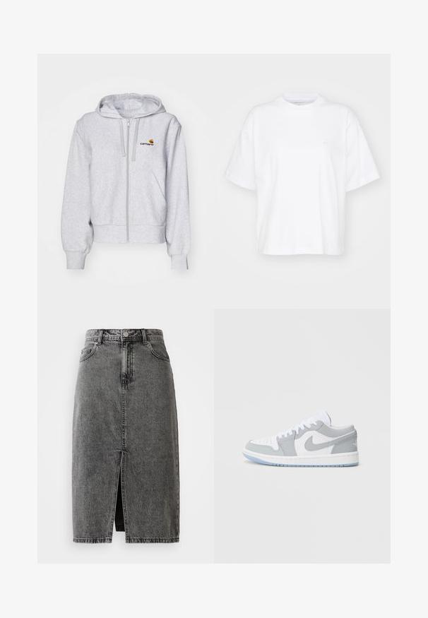Haut de survêtement zippé gris clair en tissu doux, avec une coupe décontractée, des poches avant et un petit logo brodé sur la poitrine gauche.; T-shirt en coton blanc avec un col rond, des manches courtes et une coupe décontractée. Présente un logo discret sur la zone gauche de la poitrine. Texture lisse.; Jupe midi en denim noir délavé, taille haute, avec fente frontale, passants de ceinture et design classique à cinq poches.; Baskets Nike avec un mélange de cuir gris et blanc, embout perforé, lacets et semelle extérieure bleu clair avec détails du logo.
