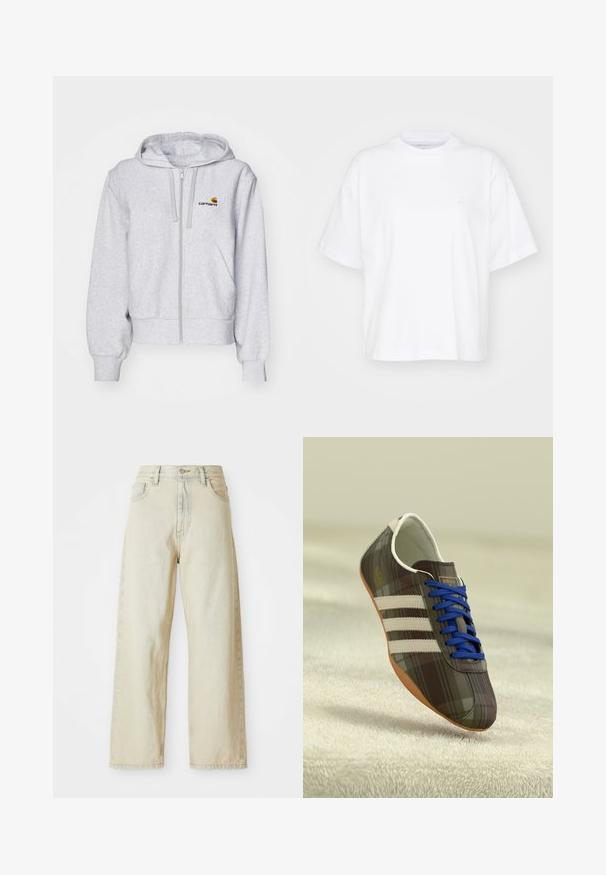Hellgraue Zip-up Kapuzenjacke aus weichem Stoff, mit lockerer Passform, Fronttaschen und einem kleinen gestickten Logo auf der linken Brust.; Weißes Baumwoll-T-Shirt mit Rundhalsausschnitt, kurzen Ärmeln und lockerer Passform. Verfügt über ein dezentes Logo auf der linken Brustseite. Glatte Textur.; Weite Jeans aus Denim in einem hellbeigen Farbton, mit vorderen Taschen, hoher Taille und dezenten Nähdetails. Hergestellt aus strukturiertem Denim-Stoff.; Braune karierten Sportschuhe mit blauen Schnürsenkeln, drei weißen Streifen und einer glatten Oberfläche, ausgestattet mit einer hellbraunen Gummisohle.