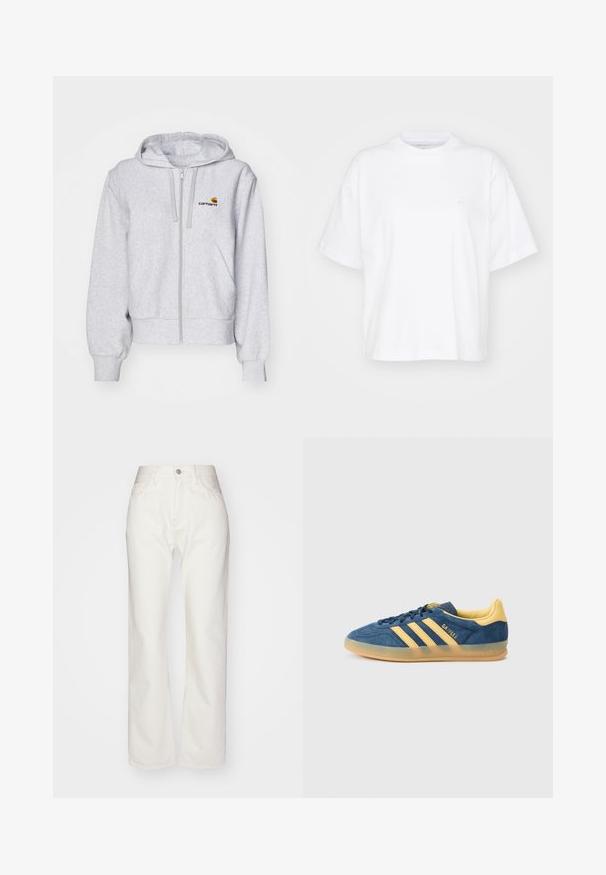 Ανοιχτό γκρι hoodie με φερμουάρ, κατασκευασμένο από μαλακό ύφασμα, με χαλαρή γραμμή, μπροστινές τσέπες και ένα μικρό κεντημένο λογότυπο στο αριστερό στήθος.; Λευκή βαμβακερή μπλούζα με στρογγυλή λαιμόκοψη, κοντά μανίκια και άνετη εφαρμογή. Διαθέτει μια διακριτική λογότυπο στην αριστερή περιοχή του στήθους. Λείος υφή.; Λευκά τζιν παντελόνια με ψηλή μέση και φαρδιά εφαρμογή. Διαθέτουν κλείσιμο με κουμπί και φερμουάρ, θηλιές για ζώνη και διακριτές ραφές.; Μπλε σουέντ αθλητικό παπούτσι με κίτρινες λεπτομέρειες, τρεις κίτρινες ρίγες, υφασμένο γλώσσα και διαφανές εξωτερικό πέλμα από καουτσούκ. Ονομασία της μάρκας "Gazelle" ορατή.