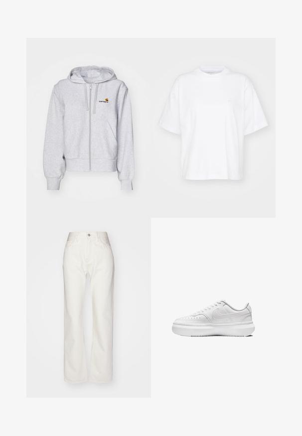 Lichtgrijze zip-up hoodie van zacht materiaal, met een relaxed fit, voorzakken en een klein geborduurd logo op de linkerborst.; Witte katoenen t-shirt met een ronde hals, korte mouwen en een ontspannen pasvorm. Heeft een subtiel logo op het linkerborstgedeelte. Zachte textuur.; Witte denim broek met een hoge taille en wijde pijpen. Voorzien van een knoop- en ritsluiting, ceintuurlussen en subtiele stikseldetails.; Witte sneakers met een gladde leren bovenkant, ronde neus, geperforeerde details en dikke witte rubberen zool. Bevat een logo aan de zijkant en platte veters.
