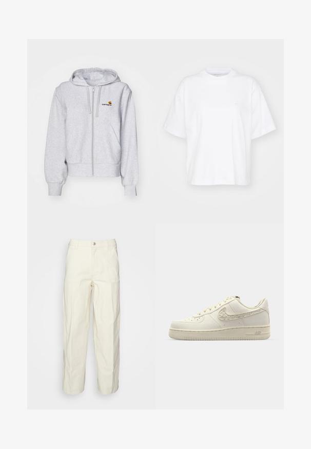 Sudadera con cremallera de color gris claro, fabricada en un tejido suave, con un corte relajado, bolsillos frontales y un pequeño logo bordado en el lado izquierdo del pecho.; Camiseta de algodón blanca con cuello redondo, mangas cortas y un corte relajado. Presenta un logo sutil en el área del pecho izquierdo. Textura suave.; Pantalones de utility color beige claro con un corte relajado, cierre de botón y bolsillos con parche en la parte frontal. Fabricados en un resistente tejido de algodón.; Zapatillas Nike Air Force 1 en lona color blanco roto, con un swoosh texturizado, puntera redonda, cordones planos y una suela de goma con patrón.
