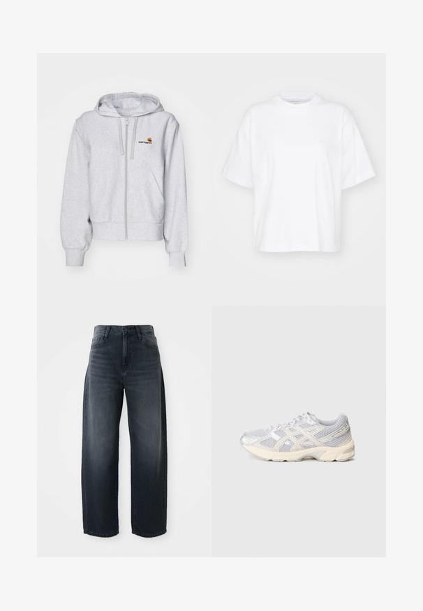 Lichtgrijze zip-up hoodie van zacht materiaal, met een relaxed fit, voorzakken en een klein geborduurd logo op de linkerborst.; Witte katoenen t-shirt met een ronde hals, korte mouwen en een ontspannen pasvorm. Heeft een subtiel logo op het linkerborstgedeelte. Zachte textuur.; Wijd gesneden jeans in een donkere denimwas, met een hoge taille, klassieke knoop- en ritssluiting en subtiele vervaging aan de voorkant.; Lichtgrijze sportschoen met een bovenwerk van mesh, zilveren accenten, een ronde neus en een gevoerd zool. Heeft een vetersluiting voor een veilige pasvorm.