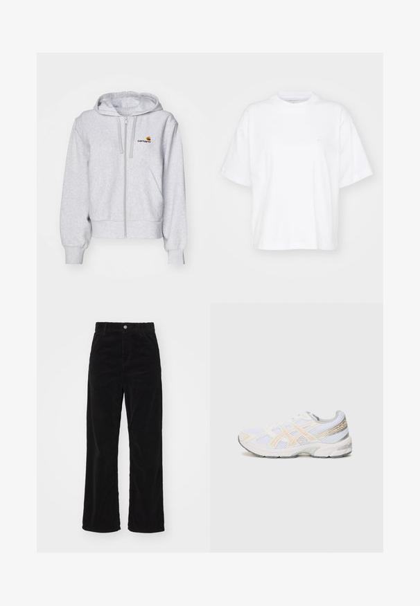 Lichtgrijze zip-up hoodie van zacht materiaal, met een relaxed fit, voorzakken en een klein geborduurd logo op de linkerborst.; Witte katoenen t-shirt met een ronde hals, korte mouwen en een ontspannen pasvorm. Heeft een subtiel logo op het linkerborstgedeelte. Zachte textuur.; Zwarte corduroy wijde broek met een hoge taille, voorzien van een voospan knoop- en ritssluiting, en een verticale ribstructuur overal.; Witte sportschoen van mesh-materiaal, met lichtoranje en grijze accenten, een gestructureerde zool en een gevoerde kraag voor comfort.