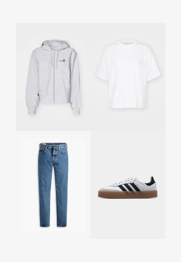Haut de survêtement zippé gris clair en tissu doux, avec une coupe décontractée, des poches avant et un petit logo brodé sur la poitrine gauche.; T-shirt en coton blanc avec un col rond, des manches courtes et une coupe décontractée. Présente un logo discret sur la zone gauche de la poitrine. Texture lisse.; Jeans en denim bleu clair avec une coupe droite, cinq poches et un zip standard. Présente des coutures oranges et une texture légèrement délavée.; Baskets en cuir blanc avec des rayures noires, semelle extérieure en caoutchouc beige, bout rond, fermeture lacée et embout en suède gris doux.