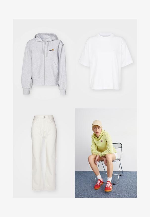 Hellgraue Zip-up Kapuzenjacke aus weichem Stoff, mit lockerer Passform, Fronttaschen und einem kleinen gestickten Logo auf der linken Brust.; Weißes Baumwoll-T-Shirt mit Rundhalsausschnitt, kurzen Ärmeln und lockerer Passform. Verfügt über ein dezentes Logo auf der linken Brustseite. Glatte Textur.; Weiße Denim-Hosen mit hoher Taille und weit geschnittenem Bein. Mit einem Knopf- und Reißverschluss, Gürtelschlaufen und dezenten Nähten.; Helle grüne Kapuzenjacke mit Logo, weiße Shorts, rote Sneakers mit weißen Streifen, sitzend auf einem verchromten Klappstuhl vor einem neutralen Hintergrund.