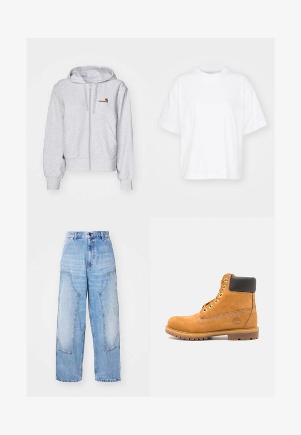 Lys grå zip-up hættetrøje lavet af blødt stof, med en afslappet pasform, forlommer og et lille broderet logo på venstre bryst.; Hvid bomulds t-shirt med rund hals, korte ærmer og en afslappet pasform. Har et diskret logo på venstre brystområde. Glat tekstur.; Lysblå denim bredbenede bukser med to store forlommer, en knaplukning og subtil falming. Syninger på lommedetaljerne.; Brune læder ankelstøvle med sort polstring, gyldne øsken og en tekstureret sål. Har et cirkulært logo på siden og synlige syninger.