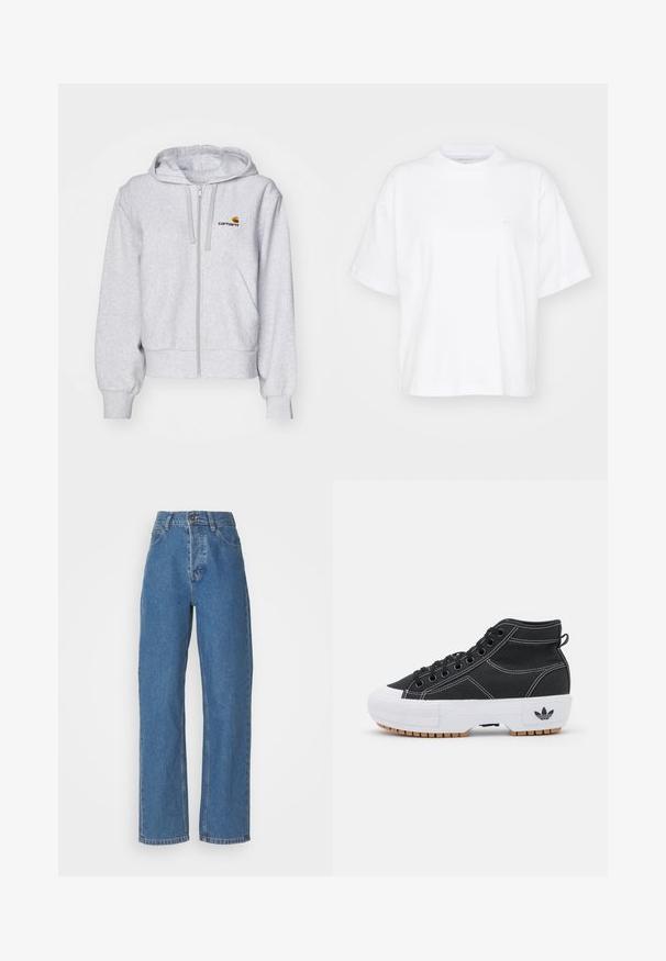Sudadera con cremallera de color gris claro, fabricada en un tejido suave, con un corte relajado, bolsillos frontales y un pequeño logo bordado en el lado izquierdo del pecho.; Camiseta de algodón blanca con cuello redondo, mangas cortas y un corte relajado. Presenta un logo sutil en el área del pecho izquierdo. Textura suave.; Jeans azules de tiro alto y pierna recta con un acabado desgastado. Cuenta con cinco bolsillos, un cierre de botón y detalles de costura sutiles.; adidas Originals NIZZA TREK - Zapatillas altas - core black/footwear white