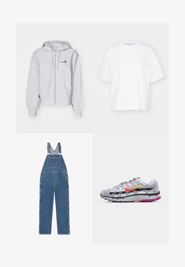 Sudadera con cremallera de color gris claro, fabricada en un tejido suave, con un corte relajado, bolsillos frontales y un pequeño logo bordado en el lado izquierdo del pecho.; Camiseta de algodón blanca con cuello redondo, mangas cortas y un corte relajado. Presenta un logo sutil en el área del pecho izquierdo. Textura suave.; Pantalones de mezclilla con tirantes ajustables, bib antigoteo en forma de V, bolsillo delantero y bolsillos laterales. Presenta un color azul clásico y costuras en contraste.; Zapatilla de running de malla gris con un distintivo swoosh en rosa y amarillo, acentos negros y una suela de goma texturizada. Cuenta con una puntera reforzada y un collar acolchado.