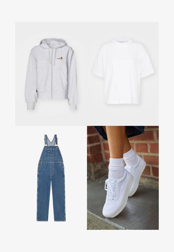 Lys grå zip-up hættetrøje lavet af blødt stof, med en afslappet pasform, forlommer og et lille broderet logo på venstre bryst.; Hvid bomulds t-shirt med rund hals, korte ærmer og en afslappet pasform. Har et diskret logo på venstre brystområde. Glat tekstur.; Denim overalls med justerbare stropper, V-formet brystlomme, frontlomme og sidelommer. Har en klassisk blå farve og kontrastsyninger.; Hvide lærreds sneakers med gummisåler, der har seks snørehuller, rund tå og let sømdetaljer, krydret med hvide ankelstrømper.