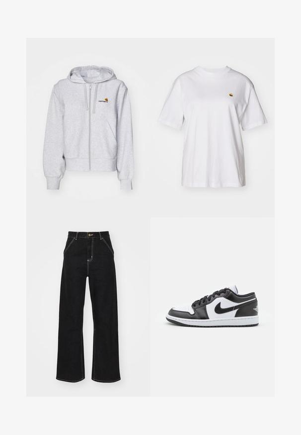 Haut de survêtement zippé gris clair en tissu doux, avec une coupe décontractée, des poches avant et un petit logo brodé sur la poitrine gauche.; T-shirt en coton blanc avec une coupe décontractée, des manches courtes et un petit logo brodé sur la poitrine gauche.; Jean noir à jambes larges en denim. Caractérisé par des coutures blanches contrastantes, des poches avant et une fermeture boutonnée à la taille.; Des baskets basses Nike en noir et blanc présentent un cuir lisse sur le dessus, un bout rond, un système de laçage et une semelle extérieure en caoutchouc à motifs.