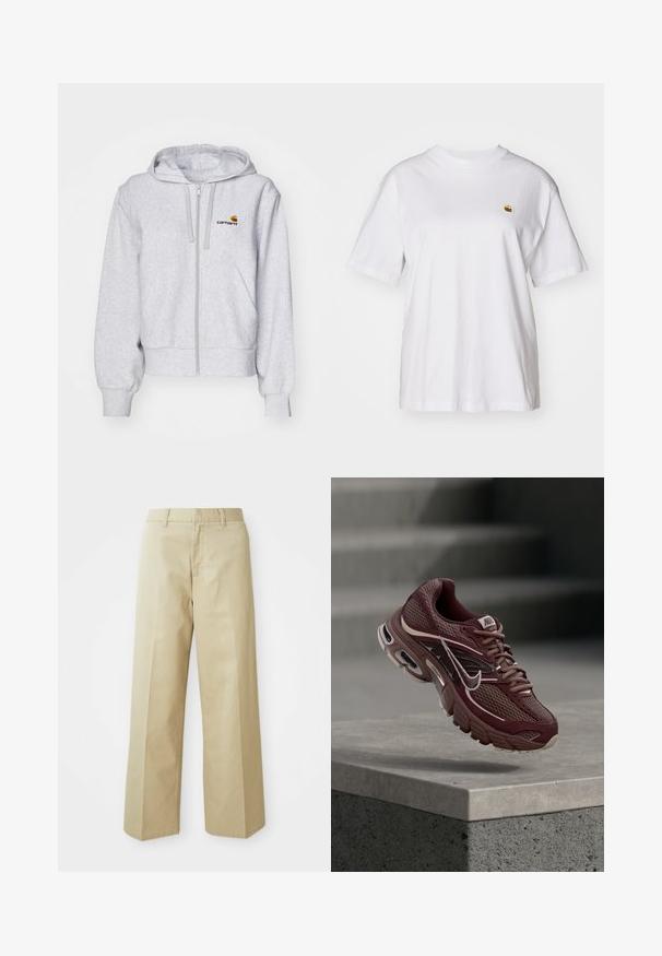 Ανοιχτό γκρι hoodie με φερμουάρ, κατασκευασμένο από μαλακό ύφασμα, με χαλαρή γραμμή, μπροστινές τσέπες και ένα μικρό κεντημένο λογότυπο στο αριστερό στήθος.; Λευκό βαμβακερό μπλουζάκι με χαλαρή εφαρμογή, κοντά μανίκια, και ένα μικρό κεντητό λογότυπο στην αριστερή περιοχή του στήθους.; Μπεζ παντελόνια σε άνετη γραμμή από βαμβάκι με λεία υφή. Διαθέτουν ίσια κοπή, θηλιές για ζώνη και μπροστινές τσέπες.; Μαύρο-καφέ παπούτσι τρεξίματος Nike με ύφασμα διχτυού, επενδεδυμένο γιακά, παχιά σόλα και λευκές λεπτομέρειες. Ο σχεδιασμός διαθέτει στρογγυλεμένη μύτη και έντονα κορδόνια.