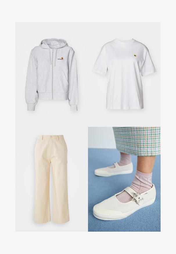 Hellgraue Zip-up Kapuzenjacke aus weichem Stoff, mit lockerer Passform, Fronttaschen und einem kleinen gestickten Logo auf der linken Brust.; Weißes Baumwoll-T-Shirt mit lockerem Schnitt, kurzen Ärmeln und einem kleinen gestickten Logo auf der linken Brustseite.; Helle beige, weit geschnittene Hose aus Baumwolle mit glatter Textur, ausgestattet mit einem Frontknopfverschluss und Seitentaschen.; Weisse Leinenschuhe mit einem Obermaterial aus Wildleder, einem Riemen über dem Rist und einem sternförmigen silbernen Akzent. Kombiniert mit hellrosa gerippten Socken.