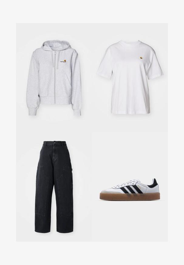 Sudadera con cremallera de color gris claro, fabricada en un tejido suave, con un corte relajado, bolsillos frontales y un pequeño logo bordado en el lado izquierdo del pecho.; Camisa de algodón blanca con corte relajado, mangas cortas y un pequeño logotipo bordado en el área del pecho izquierdo.; Pantalones cargo de denim negro de pierna ancha con cintura alta, dos grandes bolsillos frontales y cierre de botón en la cintura. Textura suave, diseño casual.; Zapatillas de cuero blancas con rayas negras, suela de goma, puntera redonda, cierre de cordones y caperuza de ante gris suave.