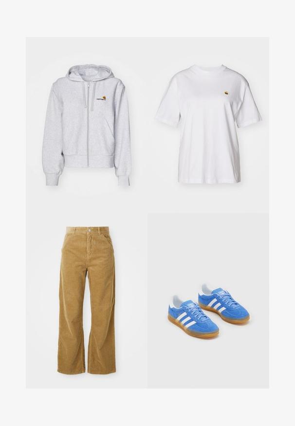 Lys grå zip-up hættetrøje lavet af blødt stof, med en afslappet pasform, forlommer og et lille broderet logo på venstre bryst.; Hvid bomulds-t-shirt med en afslappet pasform, korte ærmer og et lille broderet logo på venstre brystområde.; Bredde corduroybukser i lys brun med et struktureret ribbet mønster, fem lommer og en knaplukning i taljen.; Blå ruskinds sportsko med hvide stribede detaljer, gummisål og polstret krave for komfort. Har klassisk snørebåndsdesign.
