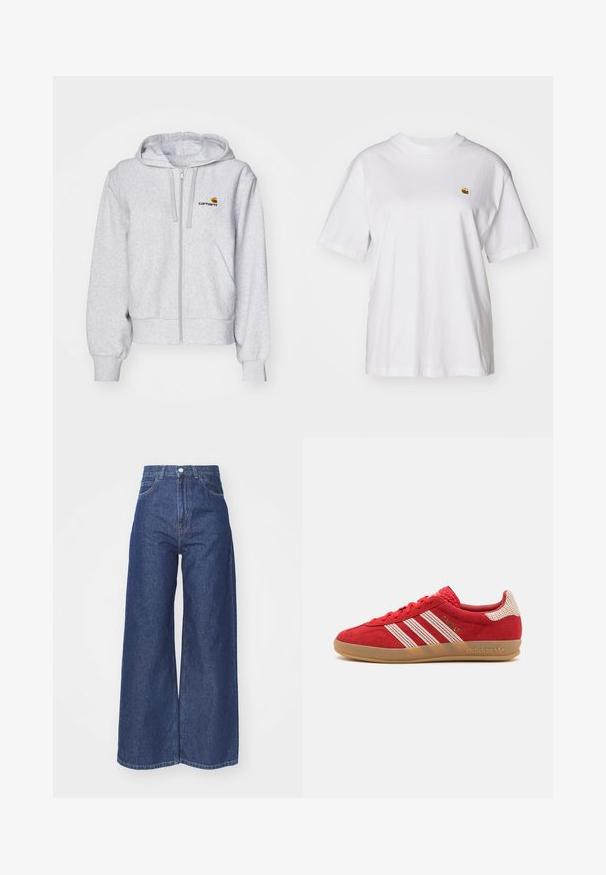 Sudadera con cremallera de color gris claro, fabricada en un tejido suave, con un corte relajado, bolsillos frontales y un pequeño logo bordado en el lado izquierdo del pecho.; Camisa de algodón blanca con corte relajado, mangas cortas y un pequeño logotipo bordado en el área del pecho izquierdo.; Jeans de pierna ancha hechos de denim azul oscuro. Diseño de altura alta con cremallera y cierre de botón. Cuenta con el estilo clásico de cinco bolsillos y bordes rematados.; Zapatillas de ante rojas con rayas blancas y acentos texturizados, suela de goma, cierre con cordones y detalles bordados en el lateral.