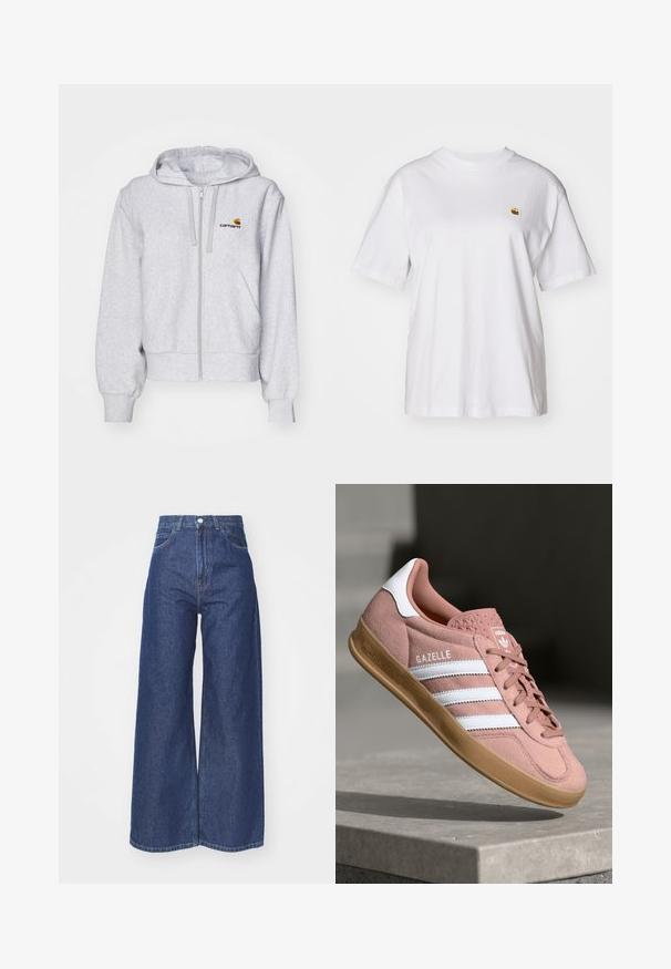 Lys grå zip-up hættetrøje lavet af blødt stof, med en afslappet pasform, forlommer og et lille broderet logo på venstre bryst.; Hvid bomulds-t-shirt med en afslappet pasform, korte ærmer og et lille broderet logo på venstre brystområde.; Bredde ben jeans lavet af mørkeblå denim. Høj talje med lynlås og knaplukning. Har klassisk fem-lomme stil og omfoldede kanter.; Rosa ruskinds sneaker med hvide striber, gummisål, tekstureret overdel og logo på tungen. Klassisk low-top design.