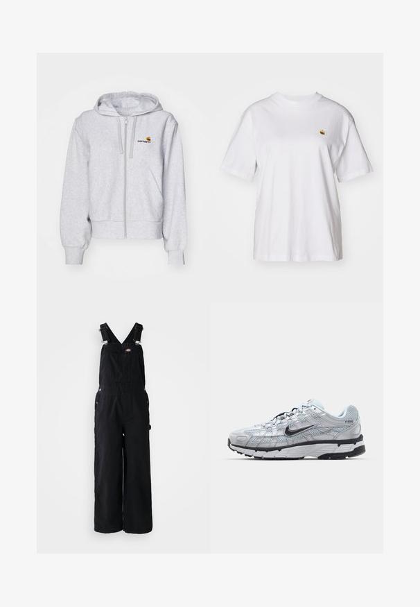 Lichtgrijze zip-up hoodie van zacht materiaal, met een relaxed fit, voorzakken en een klein geborduurd logo op de linkerborst.; Witte katoenen t-shirt met een relaxte pasvorm, korte mouwen en een klein geborduurd logo op de linkerborst.; Zwarte denim dungarees met brede pijpen, verstelbare schouderbanden, een voorktas en zilveren hardware-accenten. Glad van textuur, minimaal ontwerp.; Nike P-6000 sneakers met een lichtgrijze mesh bovenkant, zwarte accenten en een duurzame zwarte rubberen zool. Kenmerkt zich door een ingewikkeld ontwerp en vetersysteem.