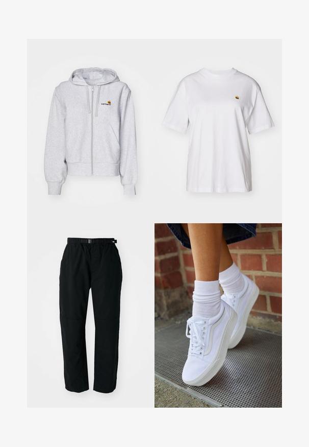 Sudadera con cremallera de color gris claro, fabricada en un tejido suave, con un corte relajado, bolsillos frontales y un pequeño logo bordado en el lado izquierdo del pecho.; Camisa de algodón blanca con corte relajado, mangas cortas y un pequeño logotipo bordado en el área del pecho izquierdo.; Pantalones ligeros negros con cinturilla elástica y cinturón ajustable. Cuentan con piernas estrechas y paneles de rodilla reforzados para mayor durabilidad.; Zapatillas de lona blancas con suelas de goma, que presentan seis ojales, puntera redonda y detalles de costura ligera, combinadas con calcetines blancos hasta el tobillo.