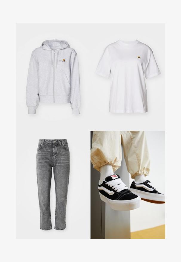 Haut de survêtement zippé gris clair en tissu doux, avec une coupe décontractée, des poches avant et un petit logo brodé sur la poitrine gauche.; T-shirt en coton blanc avec une coupe décontractée, des manches courtes et un petit logo brodé sur la poitrine gauche.; Jeans en denim gris à taille haute, coupe droite, avec des poches avant et un petit détail de bouton en métal à la ceinture.; Personne portant des baskets Vans noires et blanches avec des lacets blancs, des chaussettes blanches et un pantalon beige avec des poignets élastiques.