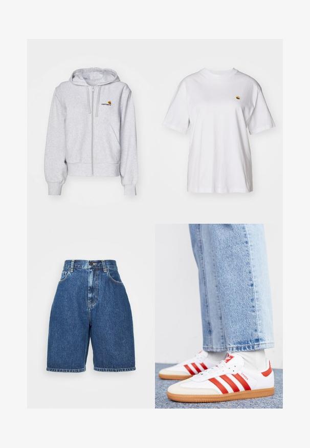 Lys grå zip-up hættetrøje lavet af blødt stof, med en afslappet pasform, forlommer og et lille broderet logo på venstre bryst.; Hvid bomulds-t-shirt med en afslappet pasform, korte ærmer og et lille broderet logo på venstre brystområde.; Denimshorts i mellemblå med høj talje, med fem lommer og lige ben. Tykkere syninger og en opsmøgede kant.; Hvide lædersneakers med røde striber og accenter. Har en tekstureret gummisål og polstret krave. Bæres med lyseblå denim.