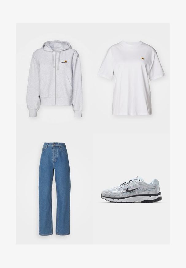 Lys grå zip-up hættetrøje lavet af blødt stof, med en afslappet pasform, forlommer og et lille broderet logo på venstre bryst.; Hvid bomulds-t-shirt med en afslappet pasform, korte ærmer og et lille broderet logo på venstre brystområde.; Højtaljede, lige ben blå jeans med en falmet finish. Har fem lommer, en knaplukning og subtile stikninger.; Nike P-6000 sneakers med en lys grå mesh overdel, sorte accenter og en holdbar sort gummisål. Har et detaljeret design og snøresystem.