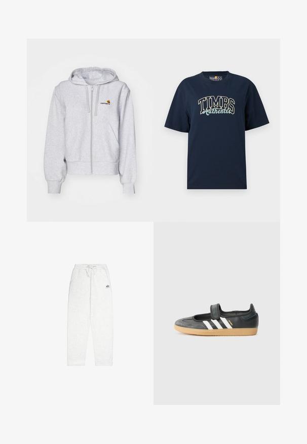 Ανοιχτό γκρι hoodie με φερμουάρ, κατασκευασμένο από μαλακό ύφασμα, με χαλαρή γραμμή, μπροστινές τσέπες και ένα μικρό κεντημένο λογότυπο στο αριστερό στήθος.; Μπλε ναυτικό βαμβακερό μπλουζάκι με χαλαρή εφαρμογή. Διαθέτει γραφικό σχέδιο με την ένδειξη "TIMBS Authentic" σε αντίθετους χρωματισμούς. Βραχίονες κοντοί, με γύρο λαιμό.; Ανοιχτό γκρι φόρμα από μαλακό ύφασμα, με ελαστική μέση και κορδόνι, πλαϊνές τσέπες και ένα μικρό λογότυπο μπροστά.; Μαύρο δερμάτινο και σουέντ αθλητικό παπούτσι με ιμάντα Velcro, χαρακτηρισμένο από τρεις λευκές ρίγες και καουτσούκ σόλα, με την ένδειξη "SAMBA" στο πλάι.