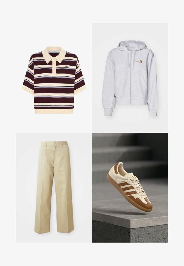 Lichtgrijze zip-up hoodie van zacht materiaal, met een relaxed fit, voorzakken en een klein geborduurd logo op de linkerborst.; Korte mouwen polo shirt in kastanjebruin en crèmekleurige strepen met lichtblauwe accenten, met een kraag en knoopsluiting. Zacht gebreide stof.; Beige wijde broek gemaakt van katoen met een gladde textuur. Heeft een rechte snit, riemlussen en voorkleurige zakken.; Klassieke sneaker met een crème kleurige leren bovenkant, bruine accenten, drie strepen en een textuurrijke gumzool. Voorzien van een afgeronde neus en vetersluiting.