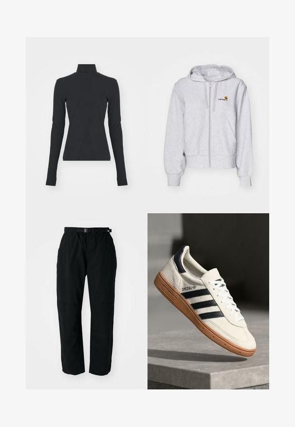 Lys grå zip-up hættetrøje lavet af blødt stof, med en afslappet pasform, forlommer og et lille broderet logo på venstre bryst.; Sort ribbet turtle neck bluse med lange ærmer, tætsiddende pasform, glat tekstur og subtil stræk, designet til komfort og lagdeling.; Sorte letvægtsbukser med elastisk talje og justerbart bælte. Har tapered ben og forstærkede knæpaneler for holdbarhed.; Hvide ruskinds sneakers med marineblå striber, gummisål, struktureret overdel, rund tå og snøring; har branding på siden og tungen.