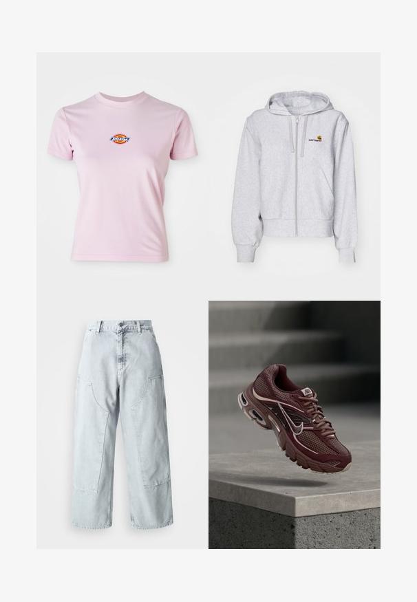 Lys grå zip-up hættetrøje lavet af blødt stof, med en afslappet pasform, forlommer og et lille broderet logo på venstre bryst.; Lyserød bomulds t-shirt med korte ærmer, rund halsudskæring og et lille cirkulært logo i rød, gul og blå på brystet.; Lys blå denim bred benbukser med store sidelommer, høj talje og løst fit. Slidte tekstur med en falmet finish.; Bordeauxrød Nike løbesko med meshstof, polstret krave, tyk sål og hvide detaljer. Designet har en rundet tå og markante snørebånd.