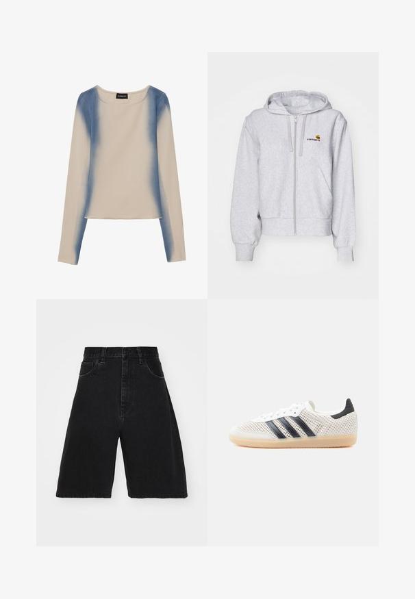 Sudadera con cremallera de color gris claro, fabricada en un tejido suave, con un corte relajado, bolsillos frontales y un pequeño logo bordado en el lado izquierdo del pecho.; Camiseta de manga larga en color beige claro, con un diseño en degradado azul. Textura suave, con cuello redondo y línea de dobladillo recta.; Pantalones cortos de mezclilla negra con una cintura alta, diseño de pierna ancha, que cuentan con cinco bolsillos y cierre de botón. Textura suave con un desvanecimiento mínimo.; Zapatillas deportivas de malla blanca con diseño de tres franjas negras, punta redondeada y suela de goma color café. Cuentan con un cuello de talón suave y cierre de cordones.
