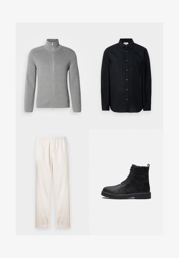 Grijze ritstrui met hoge kraag, ribbeltextuur, lange mouwen en een rechte snit. Beschikt over een metalen rits en subtiele stikdetails.; Zwarte blouse met lange mouwen en knopen, met kraag, plat liggend op een witte achtergrond weergegeven.; Lichtbeige broek met een elastische tailleband, rechte pijpen en een gladde katoentextuur. Eenvoudige, onopgesmukte stijl.; Zwarte enkelboots met een gestructureerde bovenkant, voorzien van vetersluiting aan de voorkant, een stevige rubberen zool en een trekhaak aan de achterkant voor gemakkelijk aantrekken.