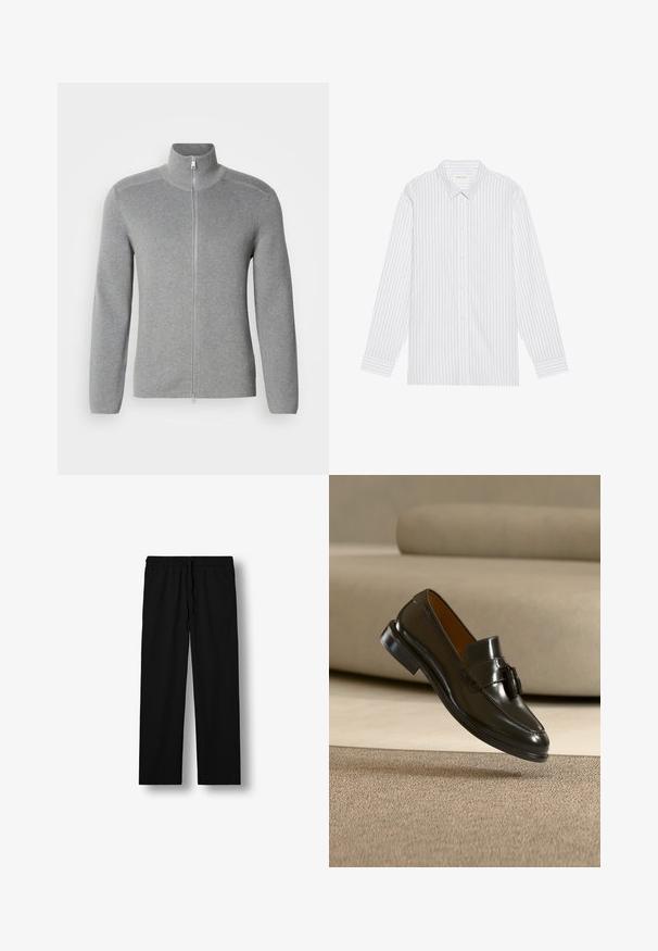 Sweat à fermeture éclair gris avec col montant, texture côtelée, manches longues et coupe droite. Doté d'une fermeture éclair en métal et de détails de couture subtils.; Chemise blanche à boutons avec de fines rayures verticales noires, dotée d'un col classique et de manches longues avec des poignets à boutons.; Pantalon noir droit avec taille élastique et cordon, doté de poches latérales, présenté sur fond blanc.; Mocassin en cuir noir avec pompons flottant au-dessus d'un tapis beige avec un canapé beige en arrière-plan.
