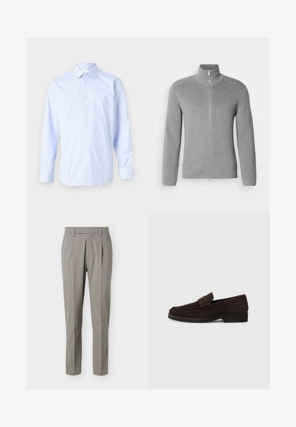 Grijze ritstrui met hoge kraag, ribbeltextuur, lange mouwen en een rechte snit. Beschikt over een metalen rits en subtiele stikdetails.; Lichtblauw en witte gestreepte langhouthals-shirt met een klassieke kraag, knopen aan de voorkant en manchetten, gemaakt van een gladde stof.; Lichtgrijze, op maat gemaakte broek met rechte pijpen, riemlussen, plooien aan de voorkant en een nette tailleband op een witte achtergrond.; Bruine suède loafers met een lage profiel en ronde neus. Heeft een decoratieve band over de bovenkant, een platte rubberen zool en geen zichtbare stiksels.