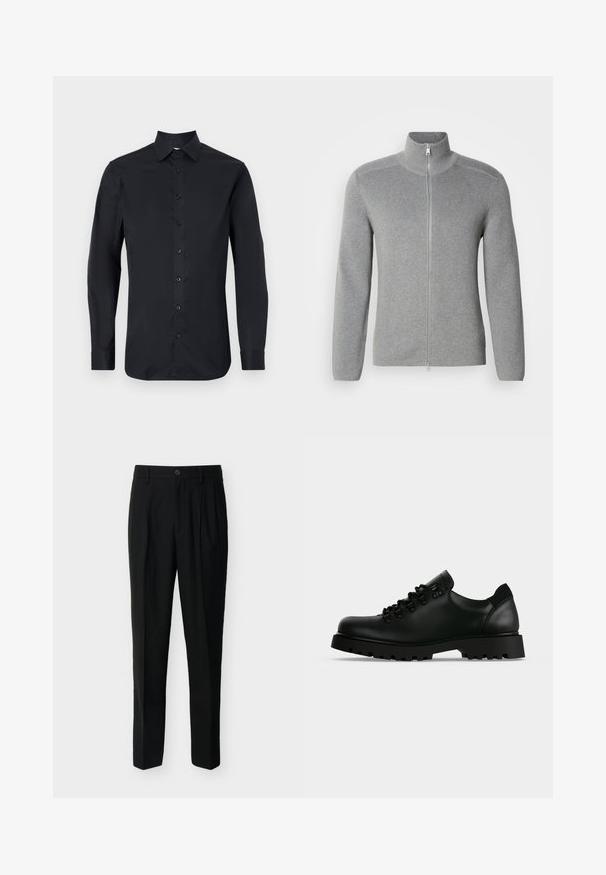 Sweat à fermeture éclair gris avec col montant, texture côtelée, manches longues et coupe droite. Doté d'une fermeture éclair en métal et de détails de couture subtils.; Chemise noire à manches longues en tissu lisse, avec un col classique, une fermeture à boutons à l'avant et des poignets à boutons.; Pantalon noir taille haute, ajusté, avec passants de ceinture, plis à l'avant, poches latérales et fermeture boutonnée avec zip.; Chaussure en cuir noir à lacets avec semelle épaisse crantée et œillets en métal, vue de profil sur un fond clair uni.