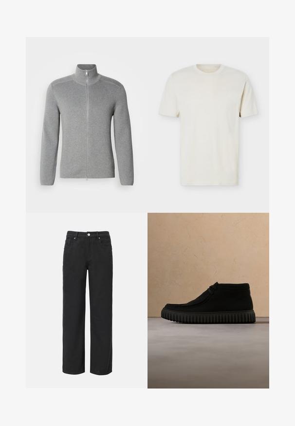 Grå zip-up sweater med høj krave, ribbet tekstur, lange ærmer og lige snit. Har en metal lynlås og subtile stikninger.; Simpel, off-white T-shirt med korte ærmer og rund hals, med diskret logo på venstre bryst, vist mod en hvid flad baggrund.; Sorte bukser med vid ben, lavet af bomuld, med fire lommer, frontlukning med knap og et klassisk denimdesign. Glat tekstur, ingen synlige mønstre.; Sorte ankelstøvler lavet af blødt materiale, med rund tå, minimal snøring og en tekstureret gummisål med lodrette riller.