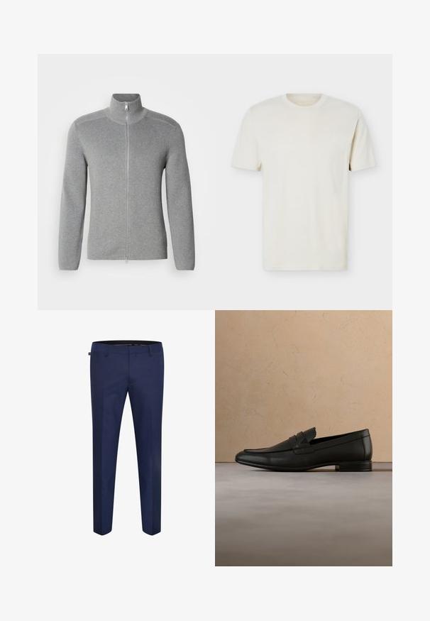 Grå zip-up sweater med høj krave, ribbet tekstur, lange ærmer og lige snit. Har en metal lynlås og subtile stikninger.; Simpel, off-white T-shirt med korte ærmer og rund hals, med diskret logo på venstre bryst, vist mod en hvid flad baggrund.; Marineblå skræddersyede bukser lavet af et glat stof, med en slim fit og flad front uden synlige lommer eller forskønnelser.; Sort læderloafer svæver over beige tæppe med beige sofa i et minimalistisk indendørsmiljø.
