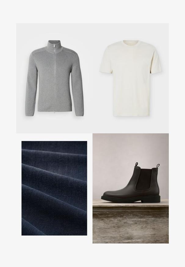 Grå zip-up sweater med høj krave, ribbet tekstur, lange ærmer og lige snit. Har en metal lynlås og subtile stikninger.; Simpel, off-white T-shirt med korte ærmer og rund hals, med diskret logo på venstre bryst, vist mod en hvid flad baggrund.; Mørkeblå denimstof med en ribbet tekstur, der viser folder og bølger, hvilket fremhæver dens vægt og holdbarhed.; Sort læder Chelsea-støvle med elastiske sidepaneler og stropper svævende over en træbænk udendørs med græs som baggrund.