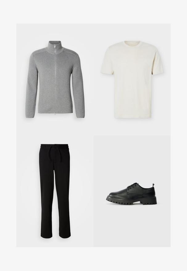 Grå zip-up sweater med høj krave, ribbet tekstur, lange ærmer og lige snit. Har en metal lynlås og subtile stikninger.; Simpel, off-white T-shirt med korte ærmer og rund hals, med diskret logo på venstre bryst, vist mod en hvid flad baggrund.; Sorte sweatpants med snor i taljen, lavet af blødt og strækbart stof. Har en afslappet pasform med lige ben og uden synlige lommer.; Sorte læder snøresko med rund tå, tekstureret overflade og kraftig gummisål med dybe riller for bedre greb.
