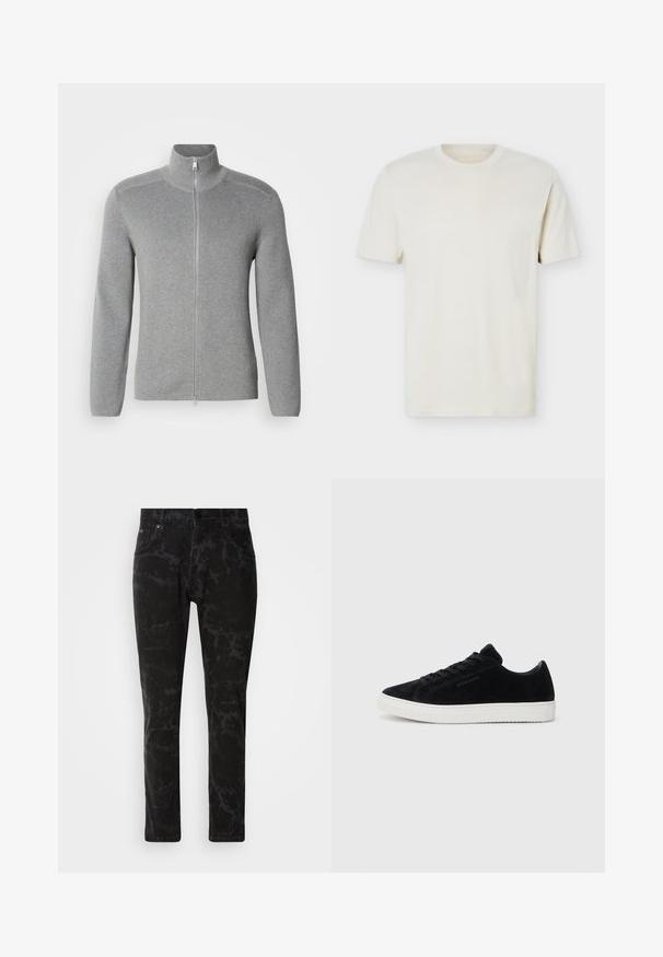 Grijze ritstrui met hoge kraag, ribbeltextuur, lange mouwen en een rechte snit. Beschikt over een metalen rits en subtiele stikdetails.; Effen gebroken wit T-shirt met korte mouwen en ronde hals, met subtiel logo op de linkerborst, weergegeven op een effen witte achtergrond.; Zwarte spijkerbroek van denim met een gemarmerd patroon, rechte pijpen, vijf zakken en een knoopsluiting bij de tailleband.; Zwarte suède sneakers met een laag ontwerp, ronde neus en witte rubberen zool. Voorzien van zwarte veters en minimale branding aan de zijkant.