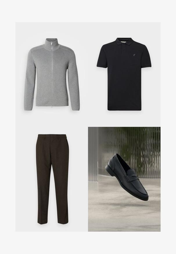 Sweat à fermeture éclair gris avec col montant, texture côtelée, manches longues et coupe droite. Doté d'une fermeture éclair en métal et de détails de couture subtils.; Polo noir à manches courtes avec trois boutons, col et petit logo brodé sur le côté gauche de la poitrine, présenté sur un fond uni.; Pantalons marron sur mesure avec un design à jambe droite, dotés d'une texture lisse, de passants de ceinture et de poches latérales. Adaptés aux tenues formelles.; Mocassin en cuir noir à finition lisse, bout pointu et détails cousus sur le dessus. Talon bas et design minimaliste.
