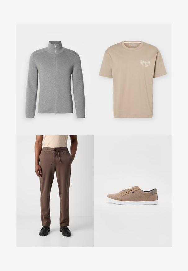 Grå zip-up sweater med høj krave, ribbet tekstur, lange ærmer og lige snit. Har en metal lynlås og subtile stikninger.; Beige kortærmet T-shirt med rund halsudskæring med små insektgrafikker og "Marc O'Polo" logo på venstre bryst.; Mand iført brune snørebukser og sorte sko, stående mod en ensfarvet hvid baggrund.; Beige lærreds sneakers med lavt design, hvid gummisål og runde snørebånd. Har et kontrasterende gråt hælrelief og logo detalje.