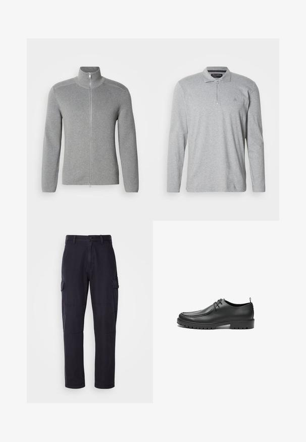 Sweat à fermeture éclair gris avec col montant, texture côtelée, manches longues et coupe droite. Doté d'une fermeture éclair en métal et de détails de couture subtils.; Polo gris à manches longues en tissu doux, équipé d'une fermeture éclair à moitié, d'un col classique et d'un petit logo sur la poitrine.; Pantalons cargo bleu marine en mélange de coton, avec poches latérales, une coupe droite et des détails de couture visibles.; Chaussures en cuir noir avec une finition lisse, bout arrondi et coutures décoratives. Elles possèdent une semelle en caoutchouc avec des rainures de traction et un laçage.