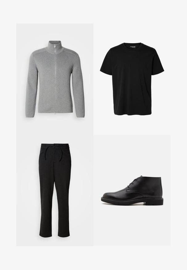 Grijze ritstrui met hoge kraag, ribbeltextuur, lange mouwen en een rechte snit. Beschikt over een metalen rits en subtiele stikdetails.; Effen zwarte korte mouwen t-shirt met ronde hals in mannenmodel, zonder zichtbare patronen of logo's aan de voorkant.; Zwarte gebreide broek met een trekkoord in de taille, rechte pijpen en zijzakken. Zachte textuur met een gladde afwerking.; Zwarte leren enkellaars met drie veterogen, een afgeronde neus en platte zool op een effen lichte achtergrond.