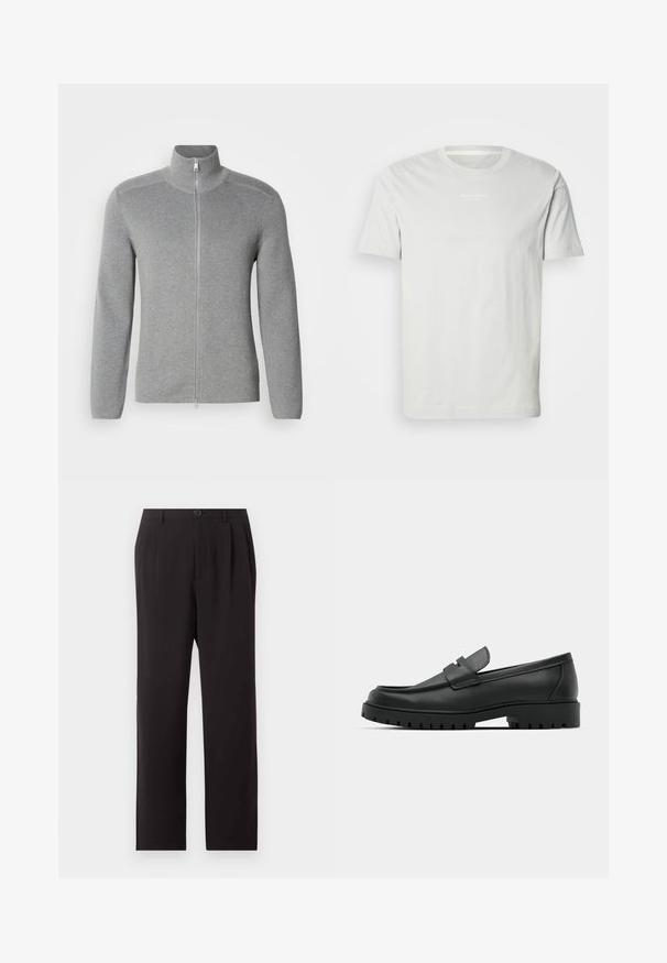 Sweat à fermeture éclair gris avec col montant, texture côtelée, manches longues et coupe droite. Doté d'une fermeture éclair en métal et de détails de couture subtils.; T-shirt en coton blanc à manches courtes, col rond et petit logo sur la poitrine. Texture douce et coupe classique. Pas de motifs.; Pantalon noir taille haute sur mesure avec plis, fermeture par boutons, passants de ceinture et jambes droites sur un fond clair uni.; Mocassins en cuir noir à bout arrondi, avec un design cousu, une semelle plateforme basse et une semelle en caoutchouc texturée et crantée.