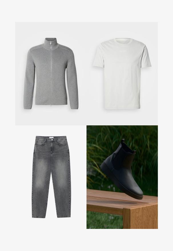 Grå zip-up sweater med høj krave, ribbet tekstur, lange ærmer og lige snit. Har en metal lynlås og subtile stikninger.; Hvid bomulds t-shirt med korte ærmer, rund halsudskæring og et lille logo på brystet. Blød tekstur og en klassisk pasform. Ingen mønstre.; Høj talje, løstsiddende jeans i falmet sort denim. Har fem lommer, bæltestropper og et rent, lige ben design.; Sort læder ankelstøvle med elastiske sidepaneler, glat overflade, afrundet tå og flad sål, placeret over et træt bord mod en grøn baggrund.