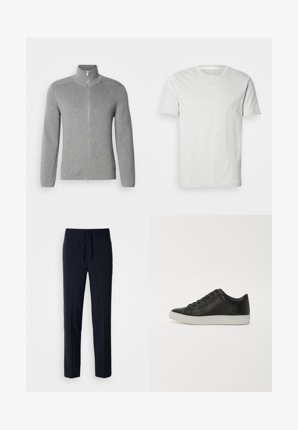 Sweat à fermeture éclair gris avec col montant, texture côtelée, manches longues et coupe droite. Doté d'une fermeture éclair en métal et de détails de couture subtils.; T-shirt en coton blanc à manches courtes, col rond et petit logo sur la poitrine. Texture douce et coupe classique. Pas de motifs.; Pantalons légers bleu marine avec une taille élastique et un cordon de serrage réglable, présentant un design coupe droite et une texture lisse.; Baskets en cuir noir avec un bout rond, semelle plate en caoutchouc blanc et lacets à six œillets. Texture lisse, style minimaliste.