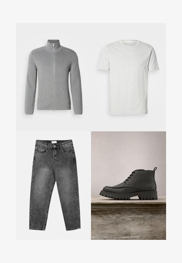 Grå zip-up sweater med høj krave, ribbet tekstur, lange ærmer og lige snit. Har en metal lynlås og subtile stikninger.; Hvid bomulds t-shirt med korte ærmer, rund halsudskæring og et lille logo på brystet. Blød tekstur og en klassisk pasform. Ingen mønstre.; Sorte vasket straight-leg jeans med for- og baglommer, bæltestropper og knaplukning i taljen.; Sorte læder ankelstøvler med rund tå, snørebånd og en tyk, robust sål med dybe riller. Hævet på en træoverflade.