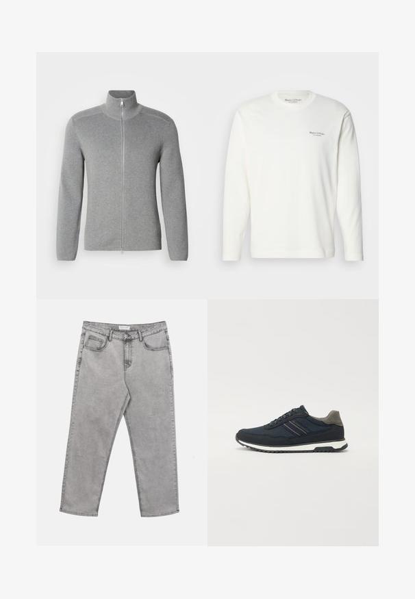 Sweat à fermeture éclair gris avec col montant, texture côtelée, manches longues et coupe droite. Doté d'une fermeture éclair en métal et de détails de couture subtils.; Chemise blanche en coton à manches longues avec un col rond, arborant un petit logo marine sur la poitrine. Texture lisse et coupe régulière.; Jean en denim gris clair avec bouton et fermeture éclair à l'avant, passants pour ceinture et cinq poches, posé à plat sur un fond blanc.; Baskets en mesh et suède bleu marine avec un accent de talon gris ; dotées d'une semelle intermédiaire blanche et d'une semelle extérieure noire texturée ; détails de rayure minimalistes.