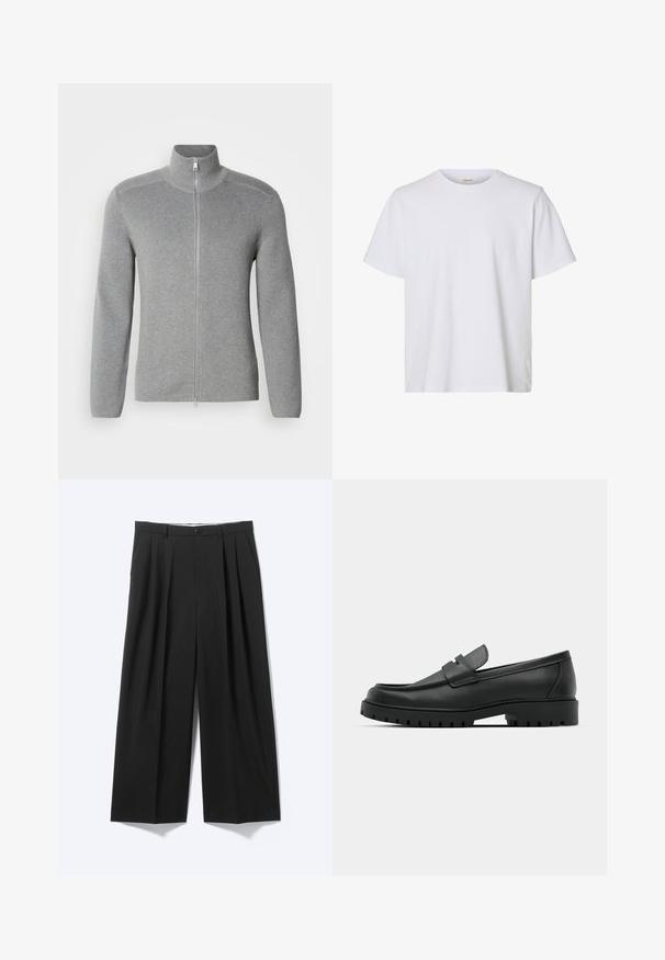 Sweat à fermeture éclair gris avec col montant, texture côtelée, manches longues et coupe droite. Doté d'une fermeture éclair en métal et de détails de couture subtils.; T-shirt blanc uni à manches courtes, col rond, coupe régulière et texture de tissu lisse, présenté sur fond blanc.; Pantalon noir à jambes larges avec plis sur le devant, passants pour ceinture et fermeture à bouton, présenté sur un fond clair uni.; Mocassins en cuir noir à bout arrondi, avec un design cousu, une semelle plateforme basse et une semelle en caoutchouc texturée et crantée.